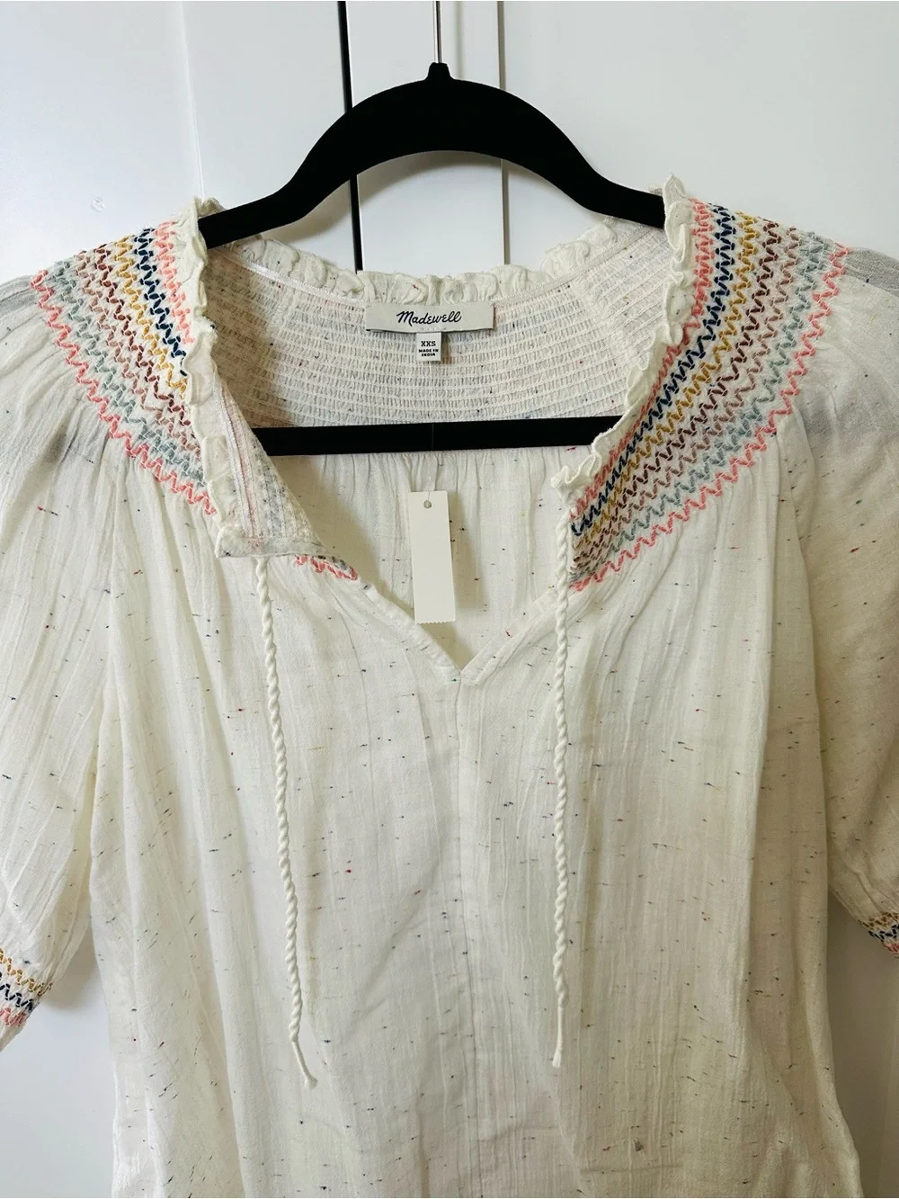 NWT Madewell White Speckled Peasant Blouse with Multicolor Embroidered Trim